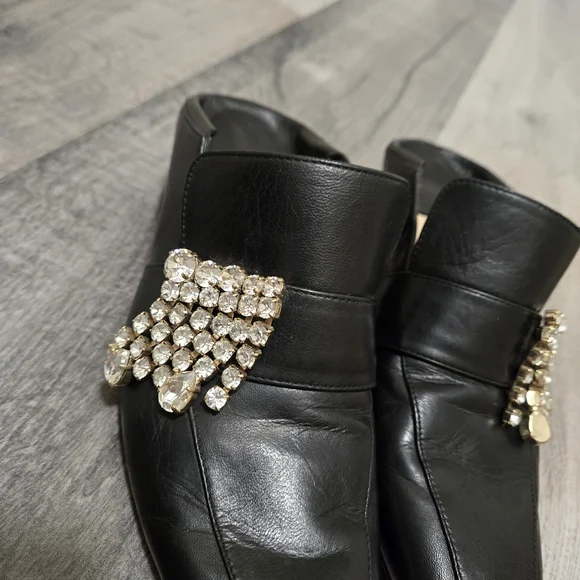 Stuart Weitzman Black Leather Crystal Embellished Mule Heels Slip-On Loafers 5.5 - Picture 4 of 15